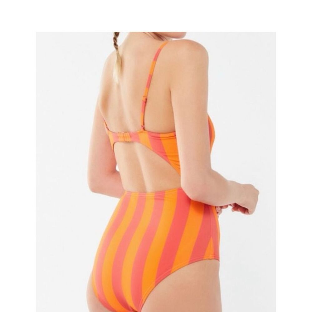 Urban Outfitters M NWT swimsuit one piece orange striped cutout sexy monokini - Picture 2 of 11
